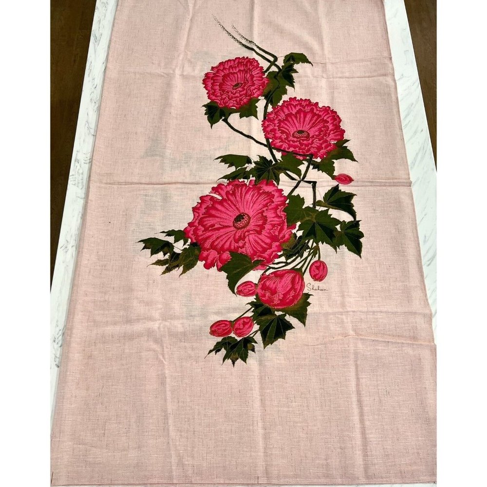 Vintage Alfred Shaheen 2 Panels Linen Fabric Pink Floral Hand Printed  52" x 44"